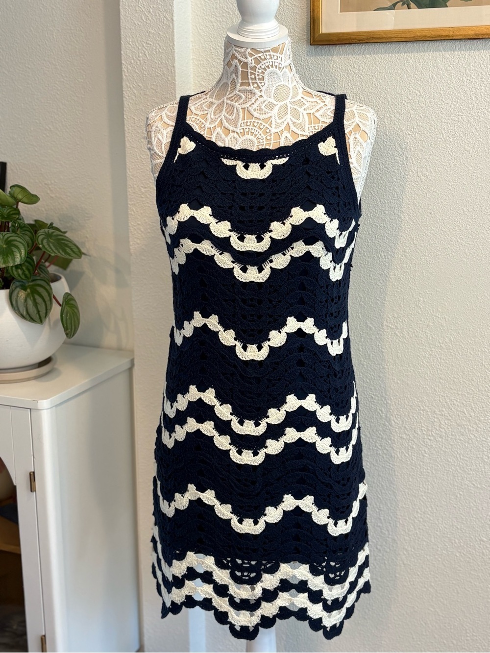 House of Harlow Crochet High Neck Mini Dress in Navy Stripe